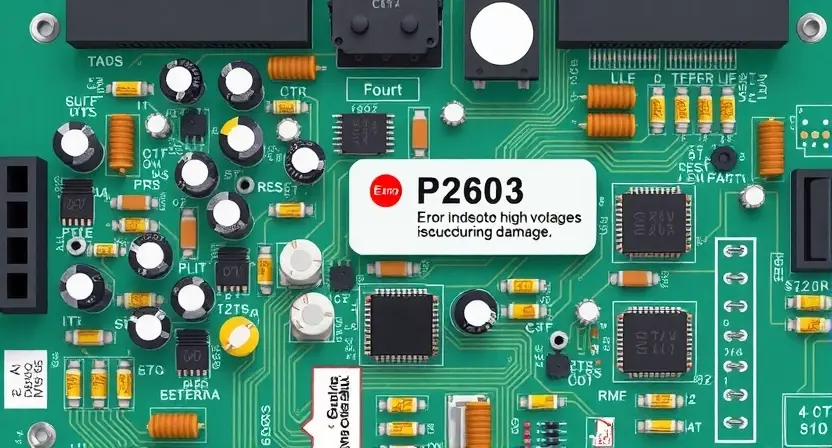 A detailed illustration of an electrical circuit board with a P2603 error indicator highlighted. The circuit board should show various components like resistors, capacitors, and integrated circuits. Focus on the area where the high voltage issue is likely occurring. Include visual cues to represent electrical connections and potential damage.