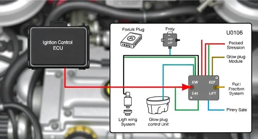 A detailed diagram of an automotive engine control system, highlighting the ignition system and the ECU (Engine Control Unit). Show the wiring connections between the ECU and the glow plug control module. Use clear, technical illustrations to depict the flow of signals and data. Focus on the components related to the U0106 error code.