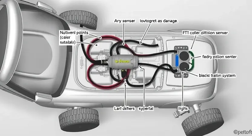 A detailed illustration of a car's body position sensor circuit with visible wiring and connections, highlighting the sensor and its placement on the vehicle's body. The image should show the sensor's physical structure and its integration into the car's electrical system, emphasizing the potential points of failure or damage.