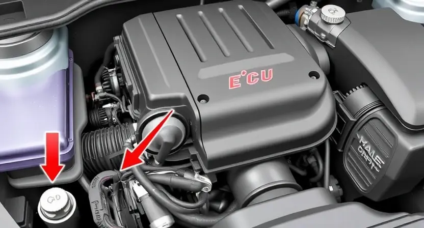 A detailed diagram of a car engine with a highlighted mass airflow sensor. Arrows indicate airflow direction. The engine should be clean and well-lit, showcasing its components. Focus on the sensor's location and connection to the engine control unit (ECU).