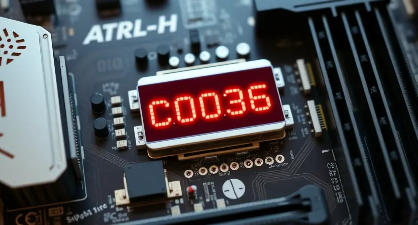 A close-up, detailed illustration of a computer motherboard with a highlighted error code C0036 displayed on a small screen or LED indicator. Focus on the technical components like the CPU socket, RAM slots, and chipset. The overall lighting should be clean and professional, emphasizing the electronic details.