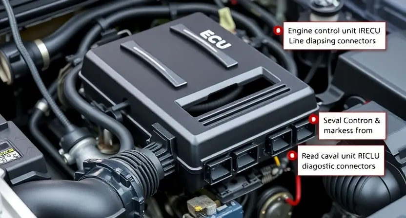 A detailed illustration of an automotive engine bay, focusing on the engine control unit (ECU) and wiring harness. The ECU should be prominently displayed, with visible diagnostic connectors. Wires and connectors should be clearly shown, highlighting potential areas of concern. The background should be slightly blurred to emphasize the engine components.