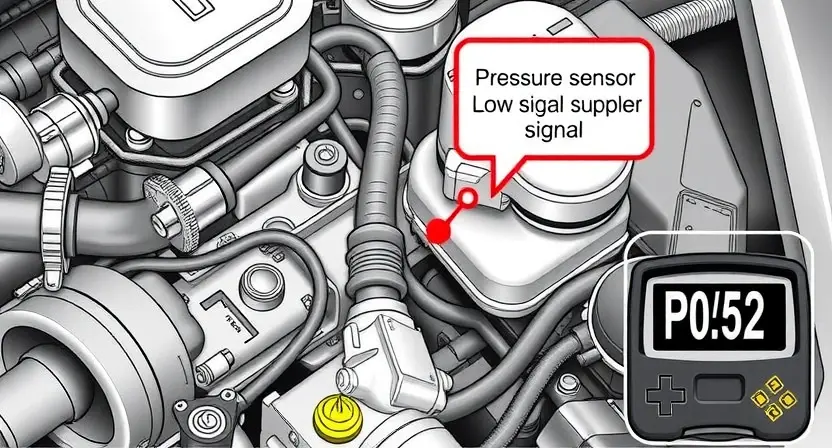A detailed illustration of a car's power steering system with a pressure sensor highlighted, showing a low signal. Include visual cues representing a problem, such as a warning light or a diagnostic tool displaying the P0552 code. Focus on technical accuracy and clarity.