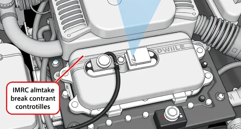A detailed technical illustration of an automotive engine's idle air control (IMRC) system. The image should clearly show the IMRC valve, its position within the intake manifold, and the associated wiring harness. Highlight the potential break in the control circuit with a visual indicator (e.g., a broken wire or a shaded area). Include labels identifying key components like the IMRC valve, wiring, and intake manifold. The overall aesthetic should be clean and informative, suitable for a repair