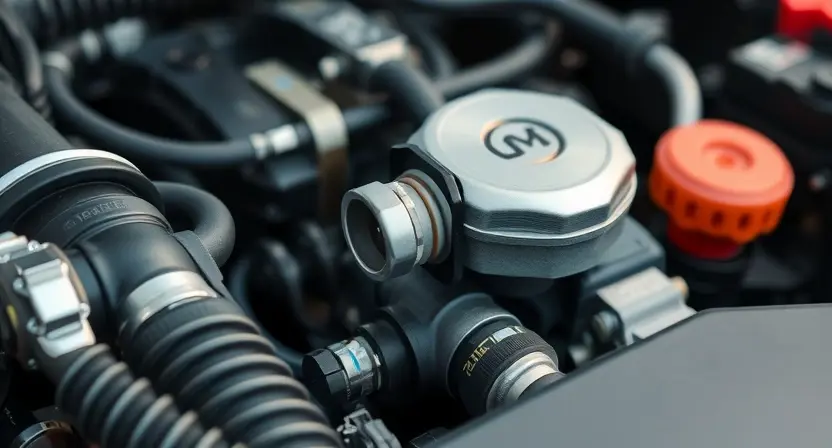 A close-up shot of an engine bay with a focus on the oxygen sensor. The sensor should be clearly visible, and the surrounding engine components should be detailed but not distracting. The overall lighting should be bright and clean, highlighting the sensor's metallic surface.