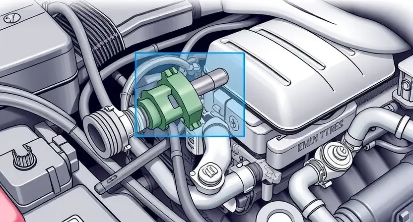 A detailed illustration of a car engine with a highlighted oxygen sensor, showing the sensor's location and its connection to the exhaust system. The image should depict the sensor in a non-functional state, possibly with a visual indication of its inactivity, such as a dimmed or darkened appearance. The surrounding engine components should be clearly visible to provide context.