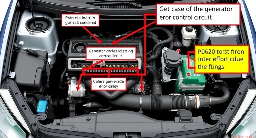 A detailed illustration of a car's engine bay, focusing on the generator control circuit. Include visual representations of the circuit board, wiring, and potential components related to the P0620 error code. The image should clearly depict the electrical connections and any signs of damage or malfunction.