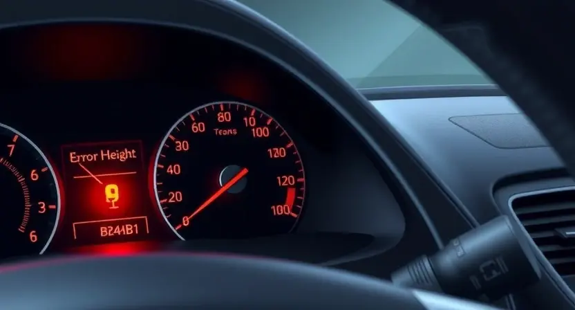 A detailed illustration of a car dashboard with a warning light illuminated, specifically indicating a problem with the body height sensor signal. The dashboard should show relevant gauges and indicators, with a clear visual representation of the error message "B24B1". The car's exterior should be subtly visible in the background, suggesting a vehicle.