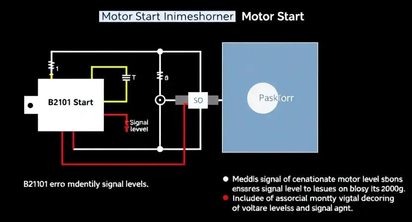 A detailed schematic diagram of a motor start circuit with a button, highlighting the B2101 error code and potential signal level issues. Include visual representations of voltage levels and signal paths.