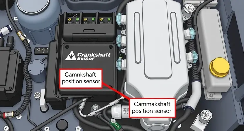 A detailed illustration of an automotive engine control unit (ECU) with various sensors and wiring. Focus on the components related to the B2311 error code, such as crankshaft position sensor and camshaft position sensor. The image should be clean and professional, highlighting the technical aspects.