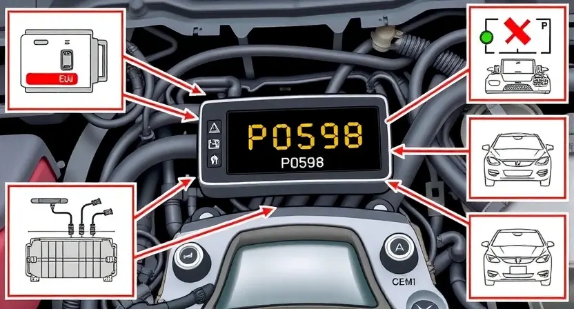 A detailed illustration of a car's engine control unit (ECU) with wiring diagrams and diagnostic tools surrounding it. Focus on the P0598 error code indicator light on the dashboard.