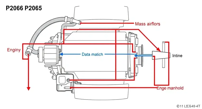 A detailed diagram illustrating the P2066 error in a vehicle's engine system. The diagram should clearly show the relevant components (e.g., mass airflow sensor, engine control unit, intake manifold) and the flow of air and data between them. Use color-coding to highlight the affected components and the error pathway. Focus on a clean, technical representation, avoiding any distracting elements.