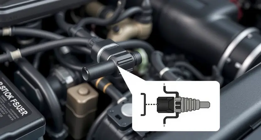 A close-up illustration of a car's engine bay, highlighting the Mass Airflow Sensor (MAP sensor). The sensor should be clearly visible, with connecting wires and hoses. Include a simplified diagram showing the sensor's position relative to the intake manifold and throttle body. Focus on the sensor's physical appearance and its connection points. The background should be slightly blurred to emphasize the sensor.