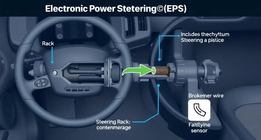 A detailed illustration of a car's steering system, focusing on the Electronic Power Steering (EPS) unit and its connection to the steering rack. Include visual representations of potential communication issues, such as a broken wire or a faulty sensor. The background should be a clean, technical environment.