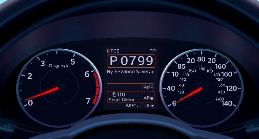 A detailed illustration of a car's dashboard with a diagnostic trouble code (DTC) display showing P0709. The display should clearly show the code and associated information. The dashboard should be well-lit and realistically rendered.