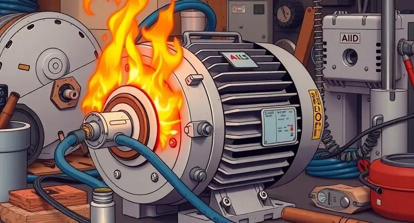 A detailed illustration of an electric motor overheating, showing visible signs of damage like discoloration and potential electrical arcing. The motor should be depicted in a workshop setting with tools and equipment around it. Focus on conveying the visual symptoms of overheating.