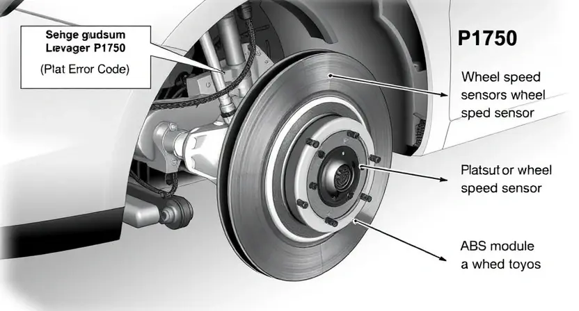 A detailed illustration of a Toyota or Lexus vehicle with a highlighted brake system. Focus on the components related to the P1750 error code, such as the wheel speed sensors and ABS module. The image should convey a sense of technical precision and automotive engineering.