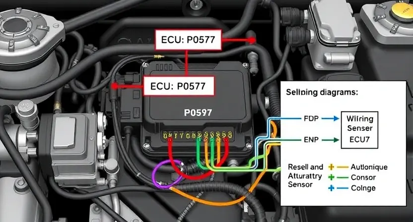A detailed illustration of a car's engine control unit (ECU) with wiring diagrams highlighting the P0597 error code. The ECU should be visually prominent, and the wiring should be clearly labeled. Include a visual representation of the relevant sensors and actuators connected to the ECU.