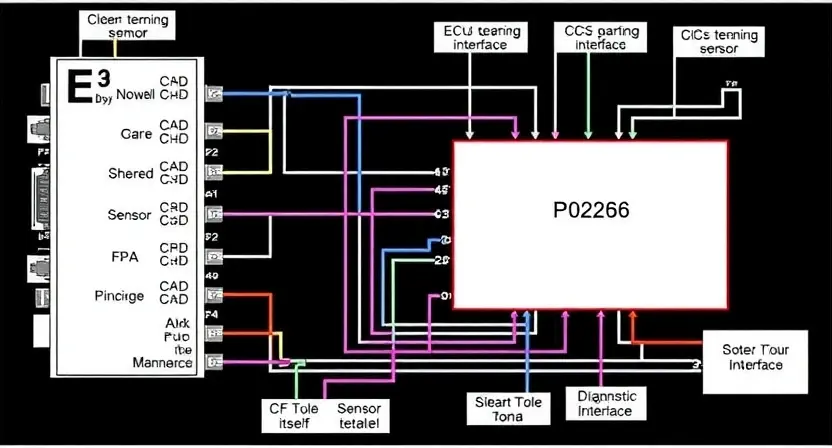 A detailed schematic diagram of an automotive engine control unit (ECU) with a highlighted area representing the position and function of a P0226 sensor. Include labels for relevant components like the sensor itself, wiring, and the ECU's diagnostic interface. The diagram should be clean and easy to understand, with clear lines and annotations.