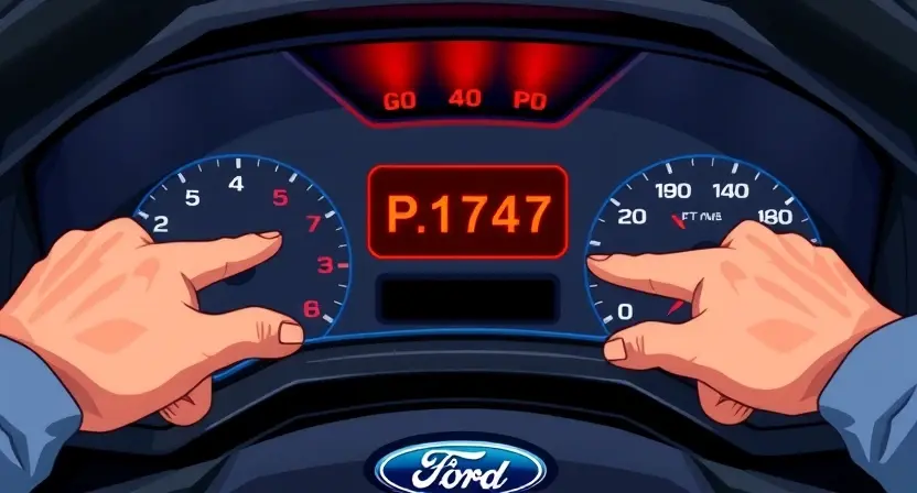 A detailed illustration of a Ford vehicle's dashboard with the P1747 error code illuminated on the display. The dashboard should show various gauges and warning lights, with a clear focus on the error message. The image should depict a mechanic's hands pointing to the error code on the screen.