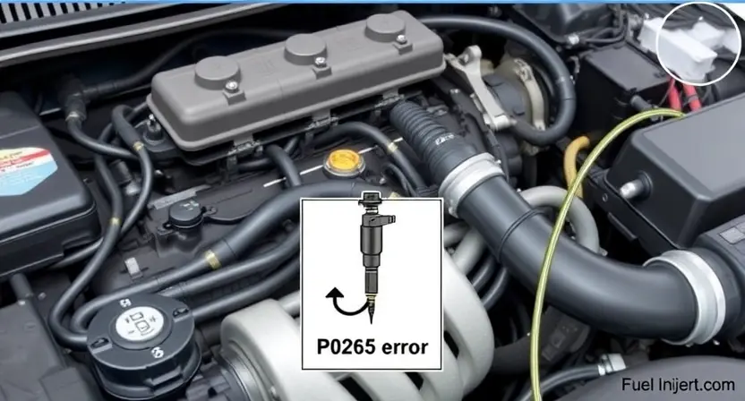 A detailed illustration of an engine bay with a close-up on the fuel injector circuit. Show a diagrammatic representation of the injector, wiring, and sensors. Include visual cues indicating a potential P0265 error, such as a highlighted wire or a symbol representing a faulty injector. The background should be slightly blurred to emphasize the engine components.
