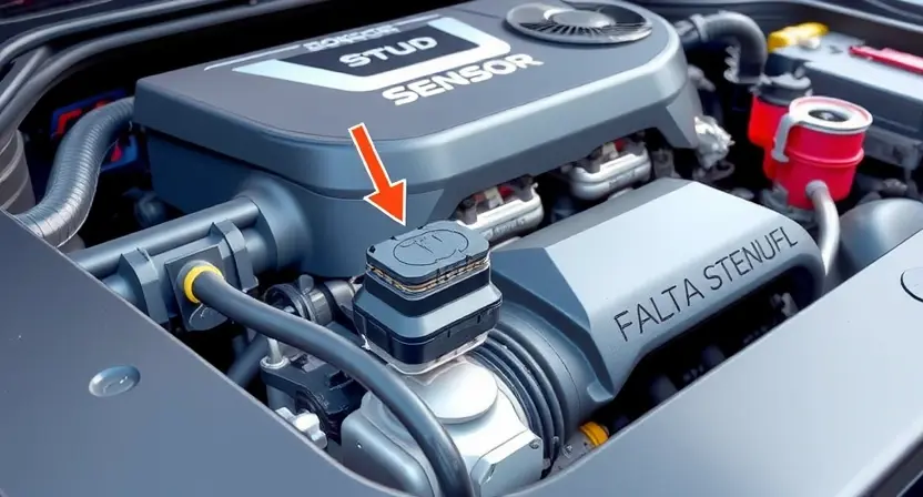 A close-up, detailed illustration of a car engine bay with a highlighted sensor. The sensor should be clearly visible, with an arrow pointing to it. The background should show other engine components, but the focus is on the sensor and its location within the engine. The overall lighting should be bright and clean, emphasizing the technical aspects.