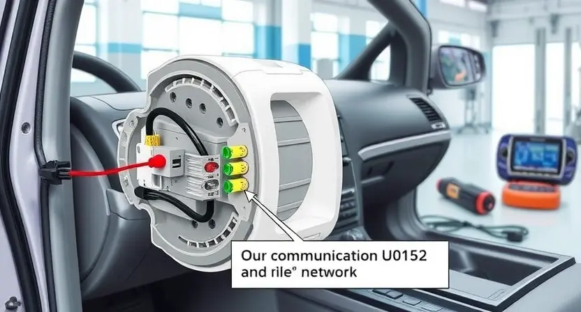 A detailed technical illustration of a car's left side airbag module with visible wiring harness and connectors, showing signs of damage such as frayed wires, corroded terminals, or loose connections, set against a clean automotive workshop background with diagnostic tools nearby, emphasizing the communication failure (U0152) between the module and the vehicle's network
