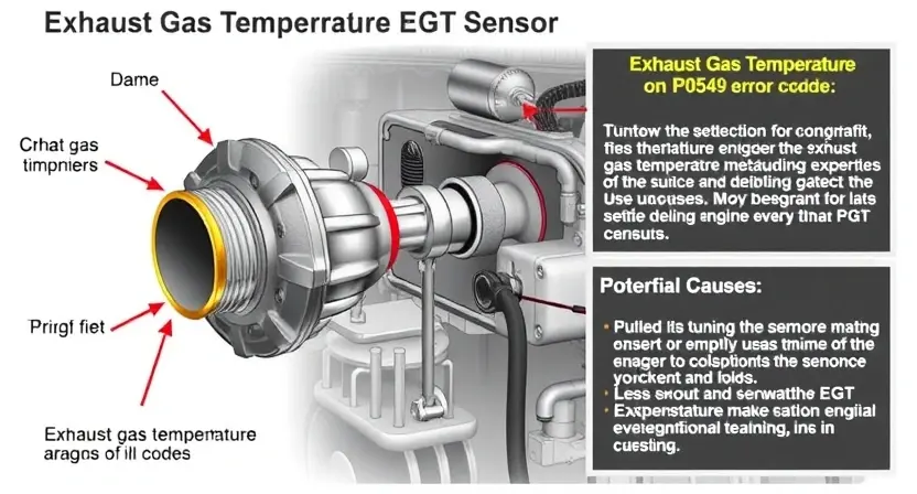 A detailed illustration of an exhaust gas temperature (EGT) sensor, highlighting its components and connections within an engine. Include a visual representation of the sensor's function in measuring exhaust gas temperature and the potential causes of a P0549 error code.