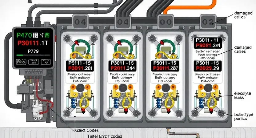 A detailed illustration of a high-voltage battery system, showcasing various error codes (P3011 to P3029) displayed on a diagnostic interface. The battery cells should be depicted with visible connections and internal components. Include visual representations of potential causes for each error code, such as damaged cables, electrolyte leaks, or cell degradation. The overall scene should convey a sense of technical complexity and precision.