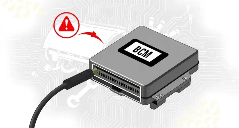 A detailed technical illustration of a car engine control module (ECM) labeled 'B' with a broken communication line or disconnected wire leading to it, surrounded by diagnostic symbols like error code U0115, wrench icons, and faint circuit board patterns in the background, all in a clean, professional automotive tech style