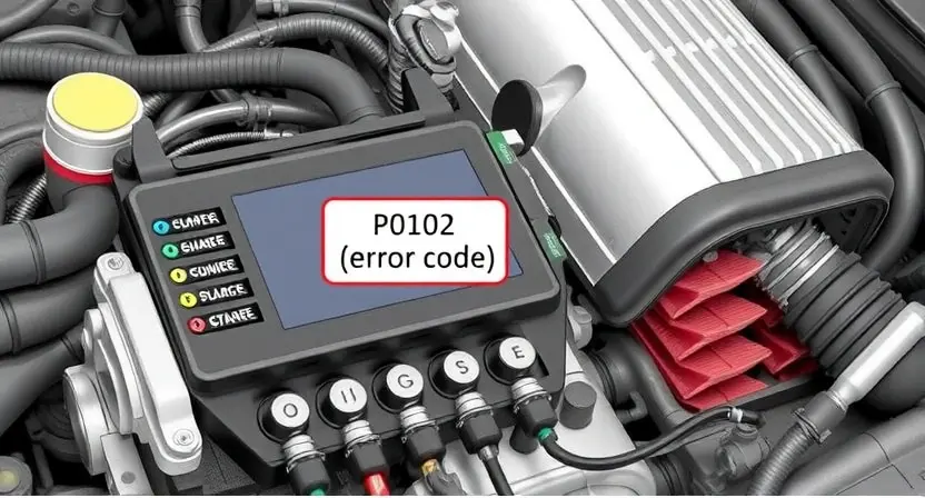 A detailed illustration of an engine control unit (ECU) with various sensors and wiring, highlighting the P0102 error code indicator. The engine's intake manifold and air filter are visible in the background, suggesting a potential issue with air flow.