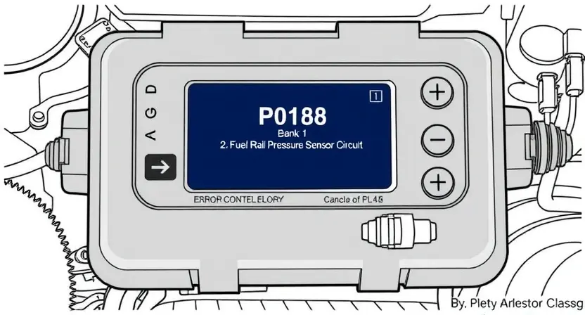 A detailed illustration of an engine control unit (ECU) with a diagnostic display showing error code P0188. The display should clearly indicate "P0188" and "Bank 1, Fuel Rail Pressure Sensor Circuit Low". Include visual representations of the fuel rail, sensor, and wiring harness. The background should be a clean, technical environment.