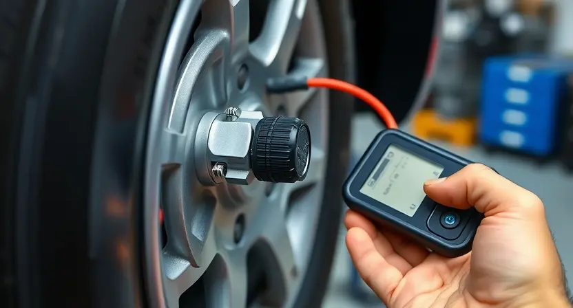 A close-up, detailed image of a car's tire pressure monitoring system (TPMS) sensor being inspected by a mechanic. The sensor should be clearly visible, along with a tire and a diagnostic tool connected to the sensor. The background should show a clean, organized garage environment. Focus on the sensor's physical components and connection points. The image should convey a sense of technical expertise and problem-solving.