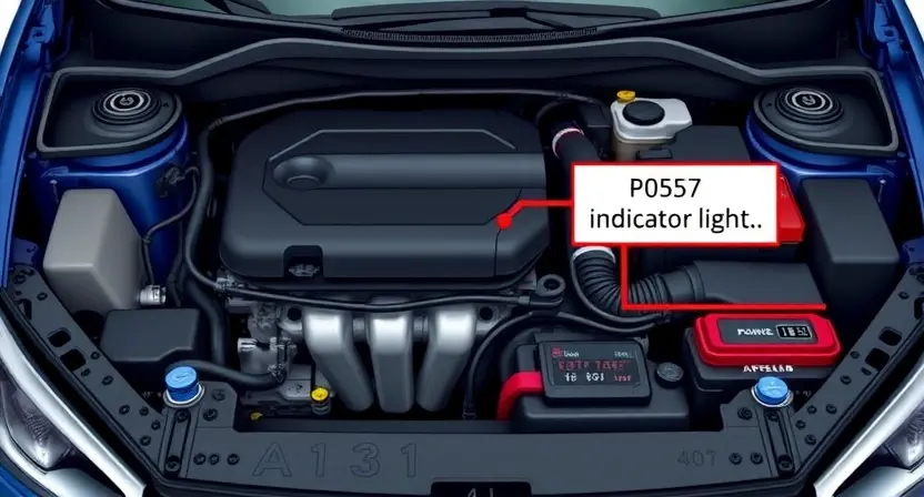 A detailed illustration of a car's engine bay, highlighting the P0557 error code indicator light. Focus on the diagnostic tools and wiring related to the code.