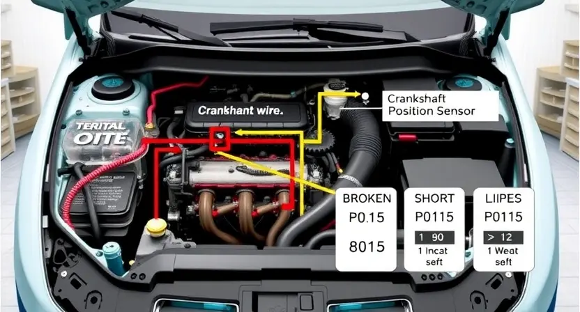 A detailed diagram illustrating a car's engine control system, specifically highlighting the crankshaft position sensor and its wiring. Show a broken wire and a short circuit visually represented with red and yellow lines, respectively. Include icons representing the P0115 error code and engine performance indicators. The background should be a clean, professional automotive workshop setting.
