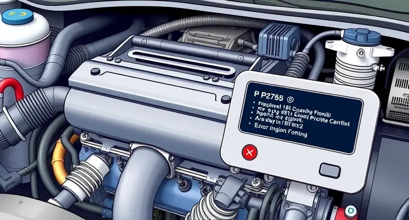 A detailed illustration of an automotive engine bay with a focus on the diagnostic panel displaying the error code P2765. The engine should be partially visible, showcasing various components like hoses, wires, and sensors. The diagnostic panel should clearly show the error code and associated information. The lighting should be bright and realistic, highlighting the details of the engine and panel.