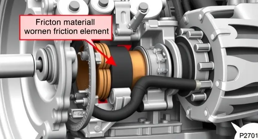 A detailed illustration of a transmission system with a worn friction element, highlighting the cause of the P2701 error code. Include visual cues indicating wear and tear on the friction material. Focus on the mechanical components and their interaction.