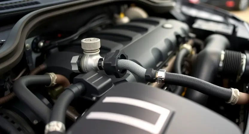 A close-up, detailed image of a car engine bay. Focus on the engine components, specifically the exhaust gas recirculation (EGR) valve and related hoses. The engine should appear clean and well-maintained. The background should be slightly blurred, suggesting a garage or workshop environment.