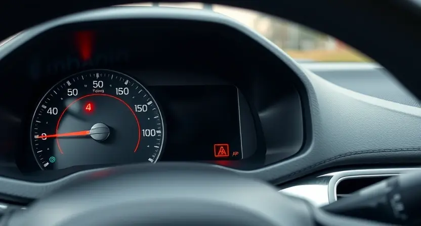 A close-up of a car's dashboard displaying a warning light, with a blurred background showing a road. Focus on the dashboard and the warning indicator. The car should appear modern and clean.