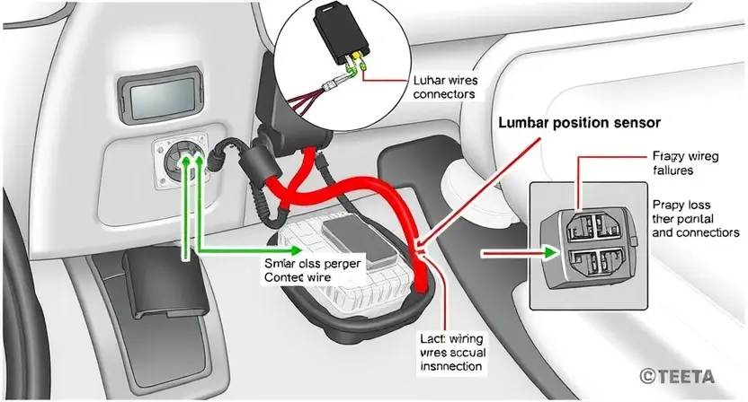 A detailed illustration of a car's electrical system, focusing on the wiring and connectors related to the lumbar position sensor. Show the sensor's location, the wiring harness, and the connectors, highlighting any potential points of failure such as frayed wires or loose connections. Use a clean, technical style with clear, labeled components to aid in troubleshooting.