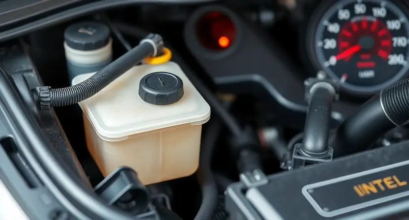A car engine bay with a low coolant level, showing the coolant reservoir and hoses. Focus on the warning light illuminated on the dashboard.
