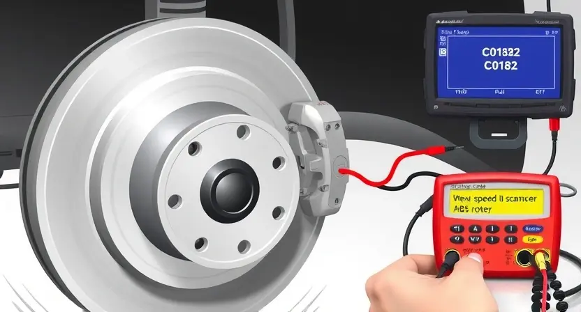 A detailed technical illustration of a car's wheel speed sensor (ABS sensor) located near the brake rotor, showing its magnetic pickup ring and wiring harness, with diagnostic tools like a multimeter and oscilloscope connected to it, displaying error code C0182 on a vehicle diagnostic scanner screen in the background, all rendered in a clean, professional automotive repair manual style