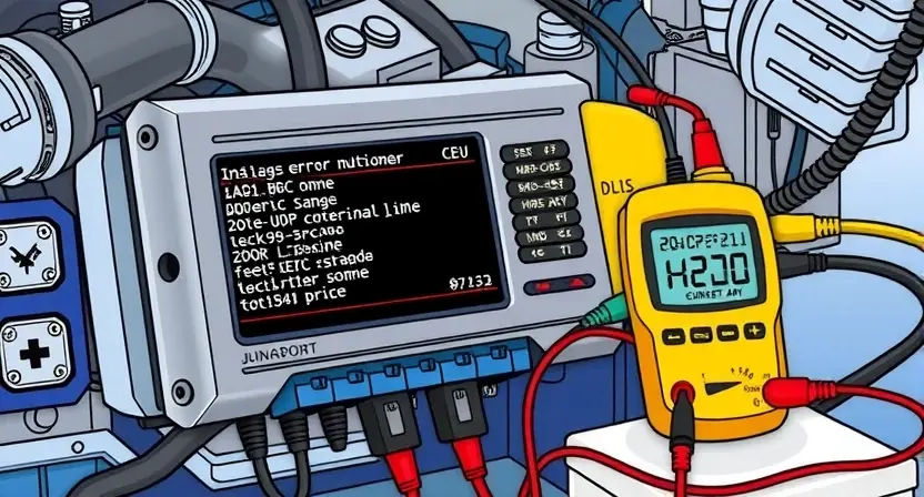 A detailed illustration of an automotive engine control unit (ECU) with various diagnostic tools connected. Focus on the ECU's display showing error codes, alongside a multimeter and a scan tool. The background should be a clean, technical environment.
