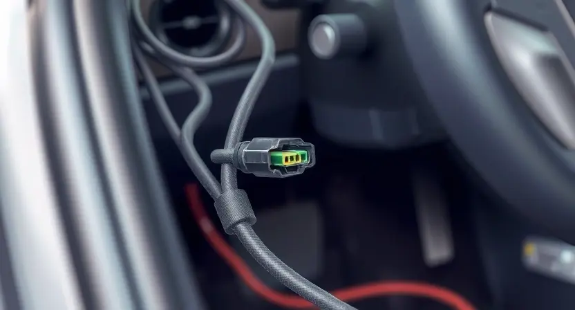 A close-up illustration depicting a car's wiring harness with a highlighted connection point. The wiring should appear slightly frayed or loose to visually represent a potential issue. Focus on the intricate network of wires and connectors. The background should be a blurred automotive interior.