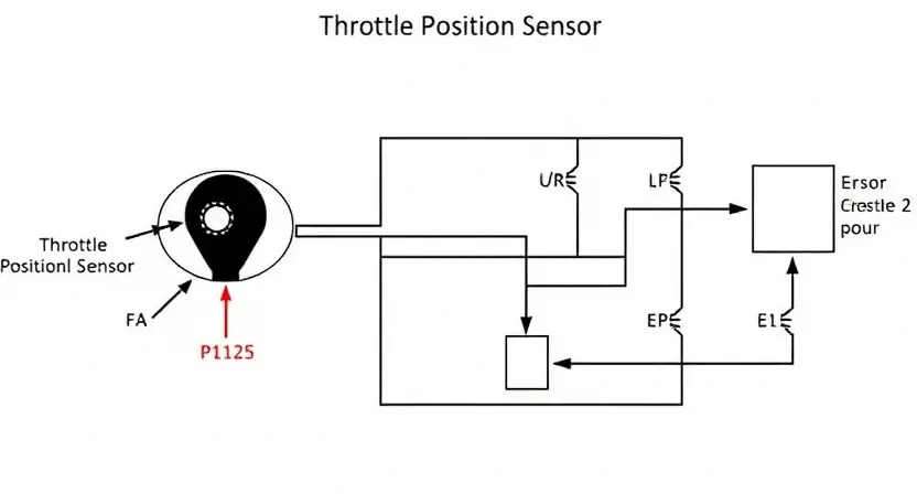 A detailed schematic diagram of a car's throttle position sensor circuit, highlighting the sensor itself, wiring connections, and the engine control unit (ECU). Use clear, technical illustrations to show the flow of electrical signals. Focus on the components involved in the P1125 error related to the throttle position sensor circuit.