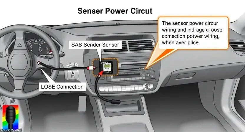 A detailed illustration of a car's sensor power circuit, highlighting the SAS (Sensor Angle Sensor) and its connection to the vehicle's power supply. Include visual cues representing potential issues like a loose connection or damaged wiring. Focus on technical accuracy and clarity.
