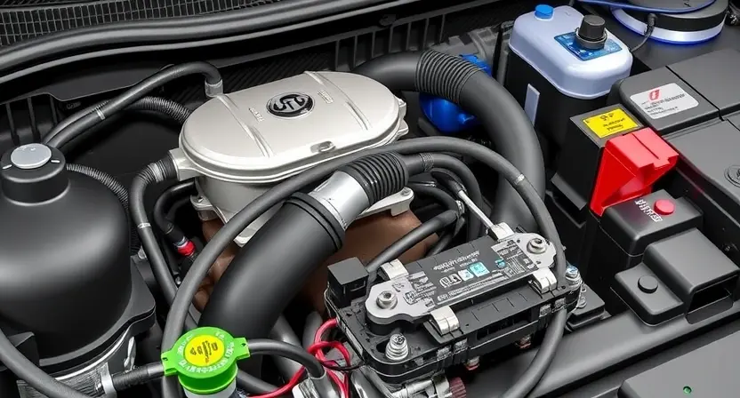 A realistic illustration of a car engine bay highlighting the fuel pump and its control circuit, with an OBD‑II diagnostic scanner cable plugged into the port, showing wiring and electronic components in clear detail, no text or symbols