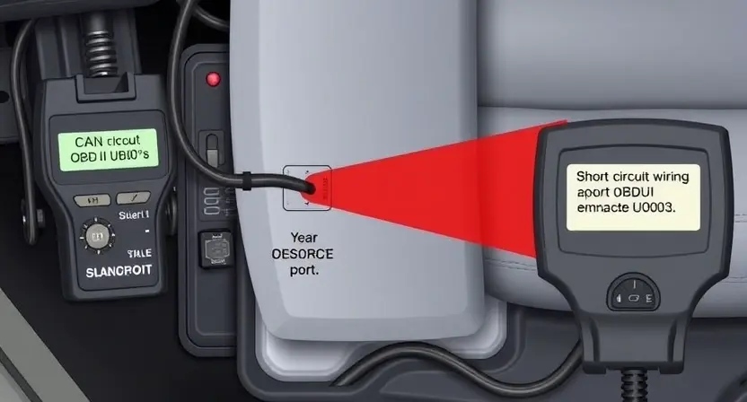 A detailed technical illustration of a car's CAN bus system showing a short circuit in the wiring harness, with red highlighted fault point, diagnostic scanner connected to OBD-II port displaying error code U0003, wires and connectors visible, automotive electronics context, clean technical diagram style