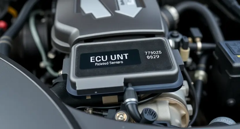 A close-up, detailed image of a car's engine bay. Focus on the engine control unit (ECU) and related sensors. The engine should appear clean and well-maintained. Include visible wiring and hoses, but keep the overall composition uncluttered and professional. The lighting should be bright and even, highlighting the components.