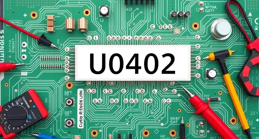A high-quality technical illustration showing a printed circuit board with a highlighted U0402 error code, surrounded by diagnostic tools like multimeters and circuit traces, clean and professional design